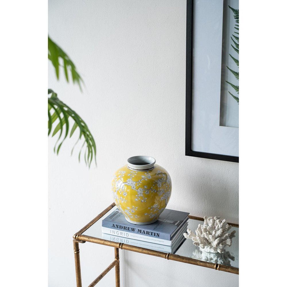 9" Yellow And White Chinoiserie Floral Porcelain Table Vase