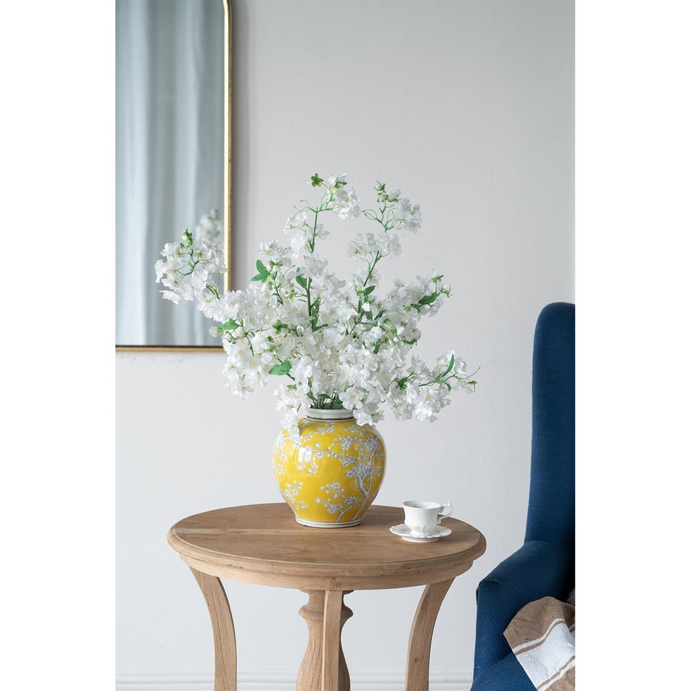 9" Yellow And White Chinoiserie Floral Porcelain Table Vase