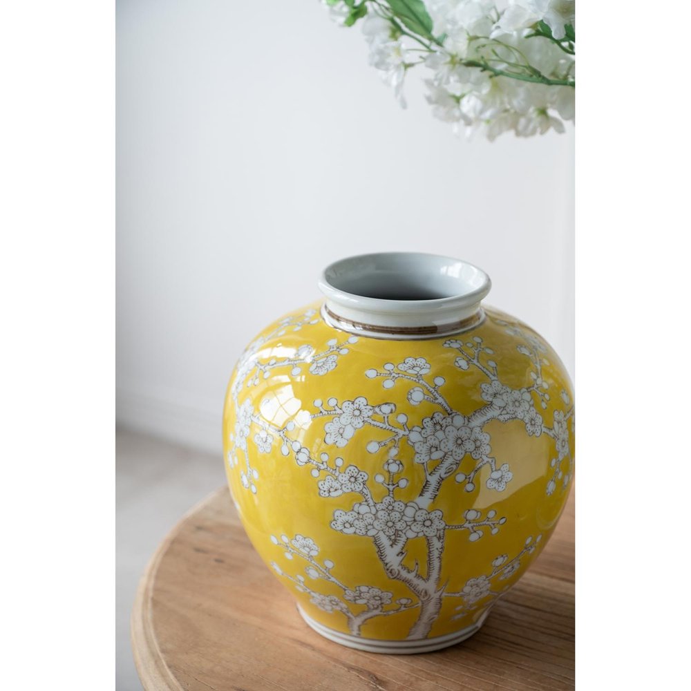 9" Yellow And White Chinoiserie Floral Porcelain Table Vase