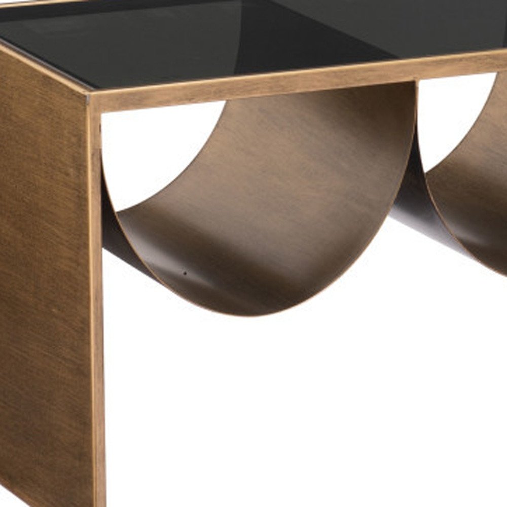 48" Black and Brass Mirrored Glass and Steel Solid Coffee Table