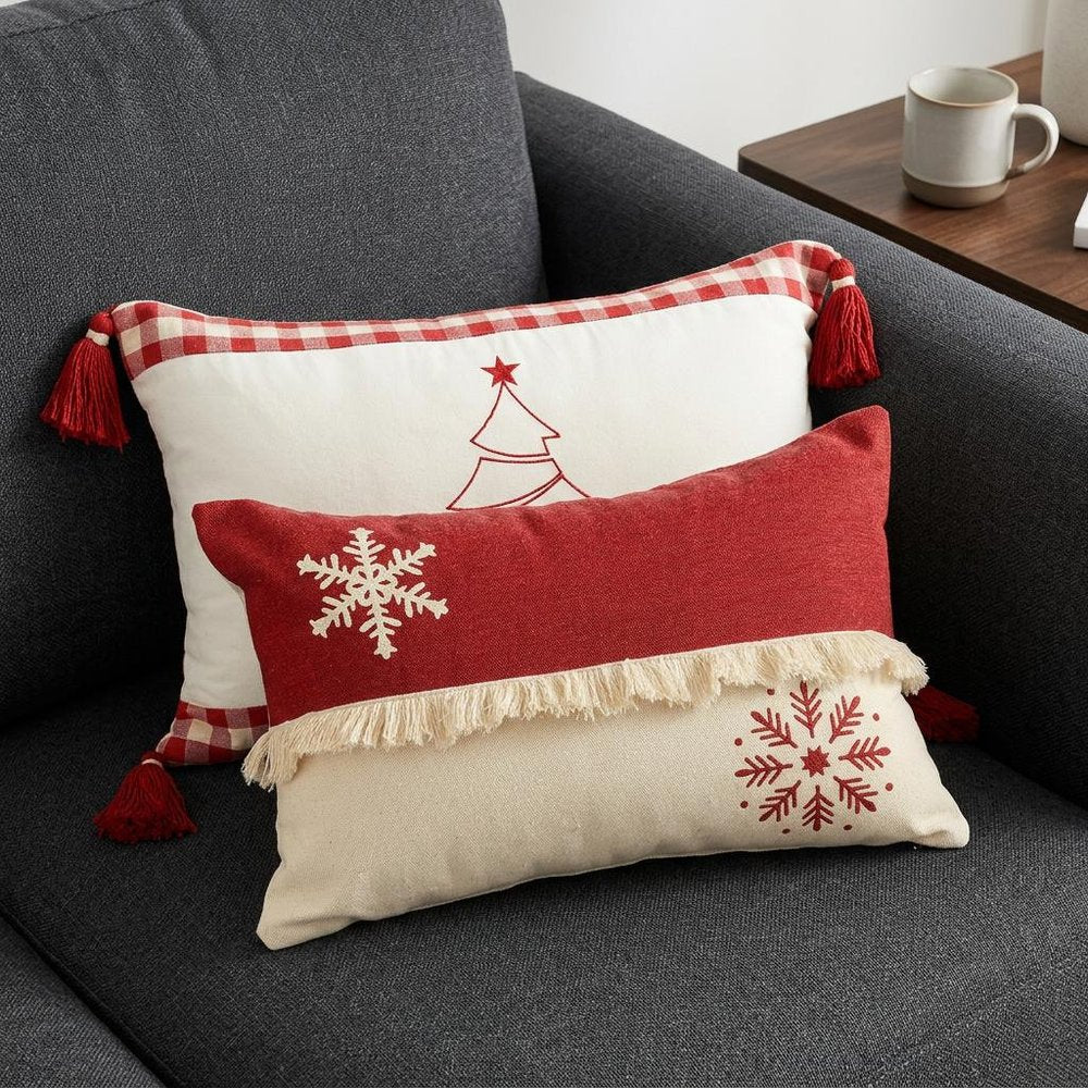Set of Two Red And White Lumbar Christmas Cotton Throw Pillow Covers