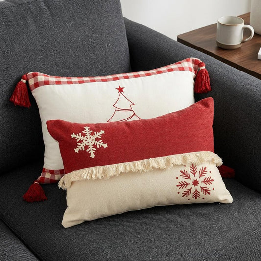 Set of Two Red And White Lumbar Christmas Cotton Throw Pillow Covers