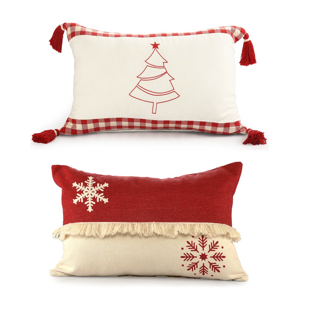Set of Two Red And White Lumbar Christmas Cotton Throw Pillow Covers