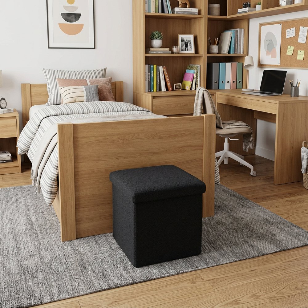 12" Black Boucle Cube Storage Ottoman