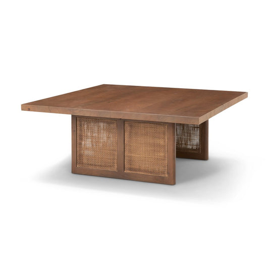 42" Brown and Natural Solid Wood and Wicker Square Double Pedestal Coffee Table