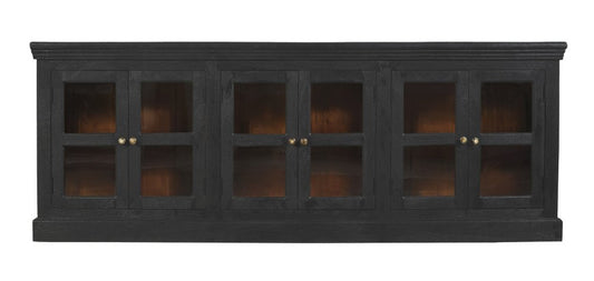 93" Charcoal Distressed Solid Wood Sideboard With Six Glass Doors