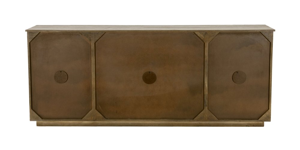 80" Brown Distressed Solid Wood Carved Geometric Sideboard With Four Doors