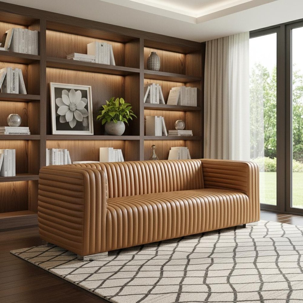 83" Brown Leather Solid Wood Sofa