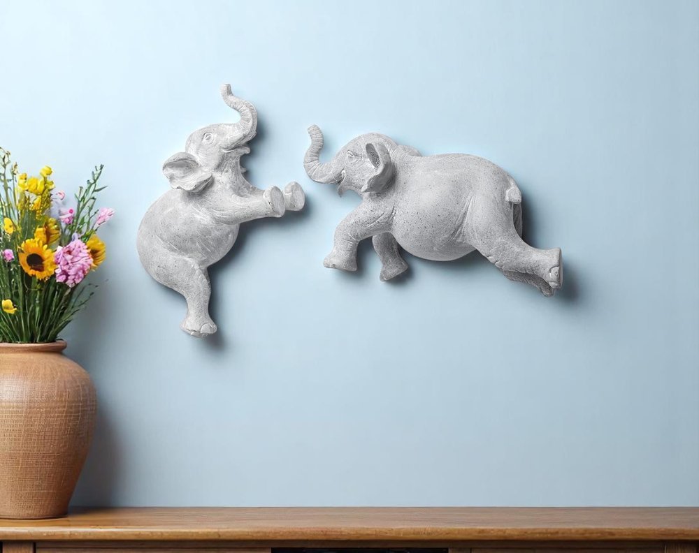 Set of Two Maynard I Gray Elephant Resin Hanging Dimensional Sculpture