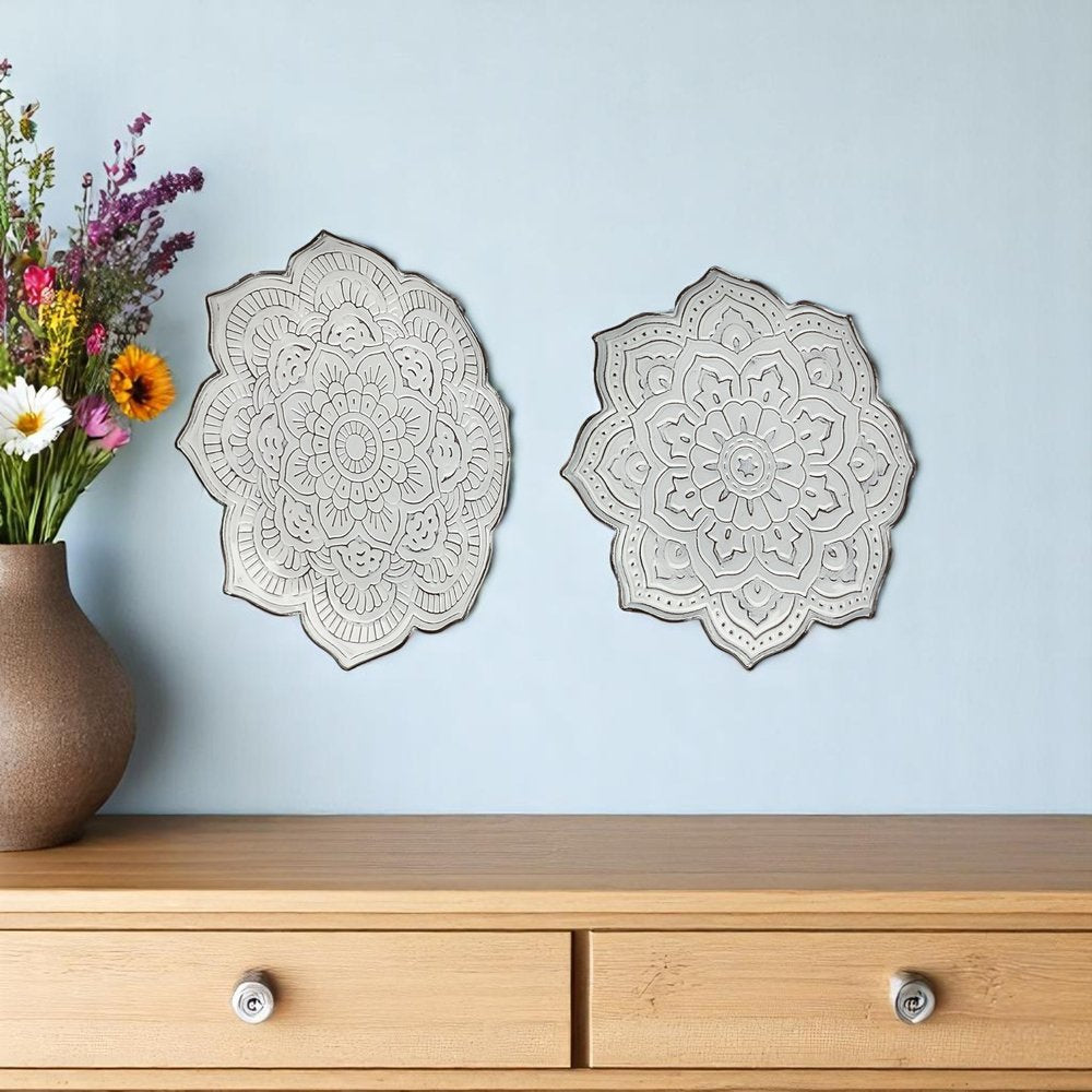 Set of Two Miranda Silver Flower Mandala Metal Hanging Dimensional Sculpture
