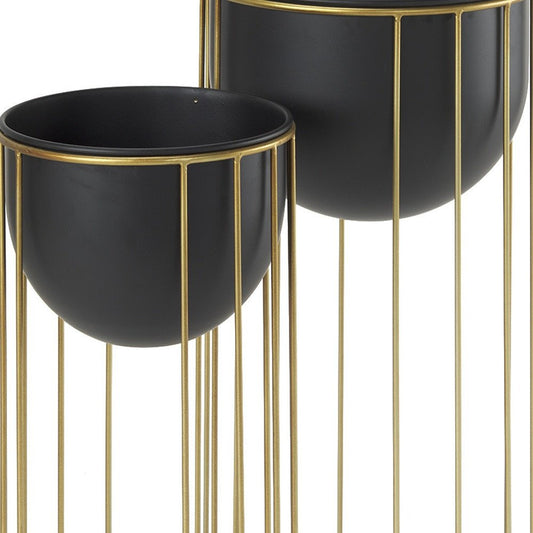 Set of Two Black Metal 20 Ounce Round Pot Planters