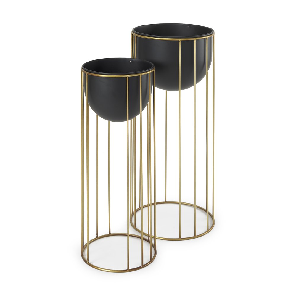 Set of Two Black Metal 20 Ounce Round Pot Planters