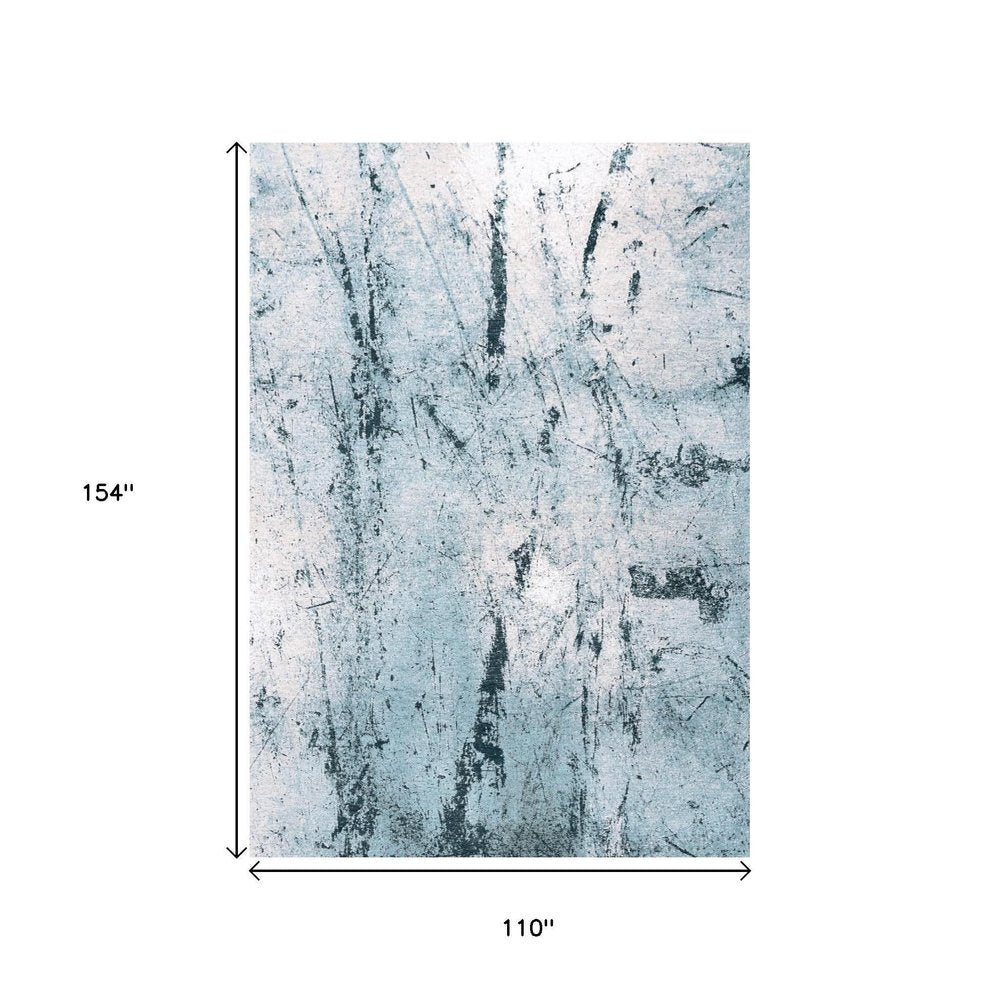 9' X 13' White And Blue Abstract Washable Area Rug With UV Protection