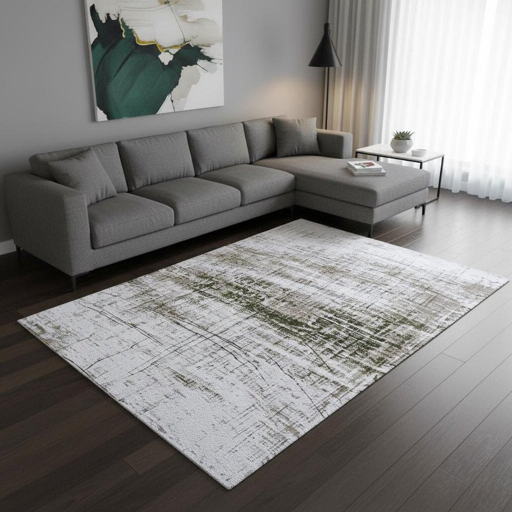 9' X 13' White Gray And Green Abstract Washable Area Rug With UV Protection