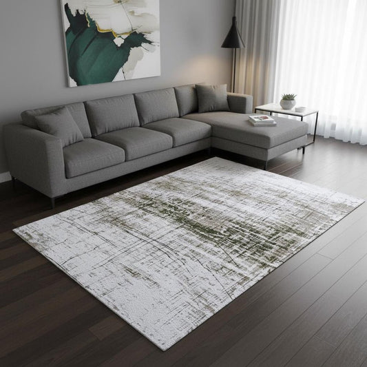 9' X 13' White Gray And Green Abstract Washable Area Rug With UV Protection