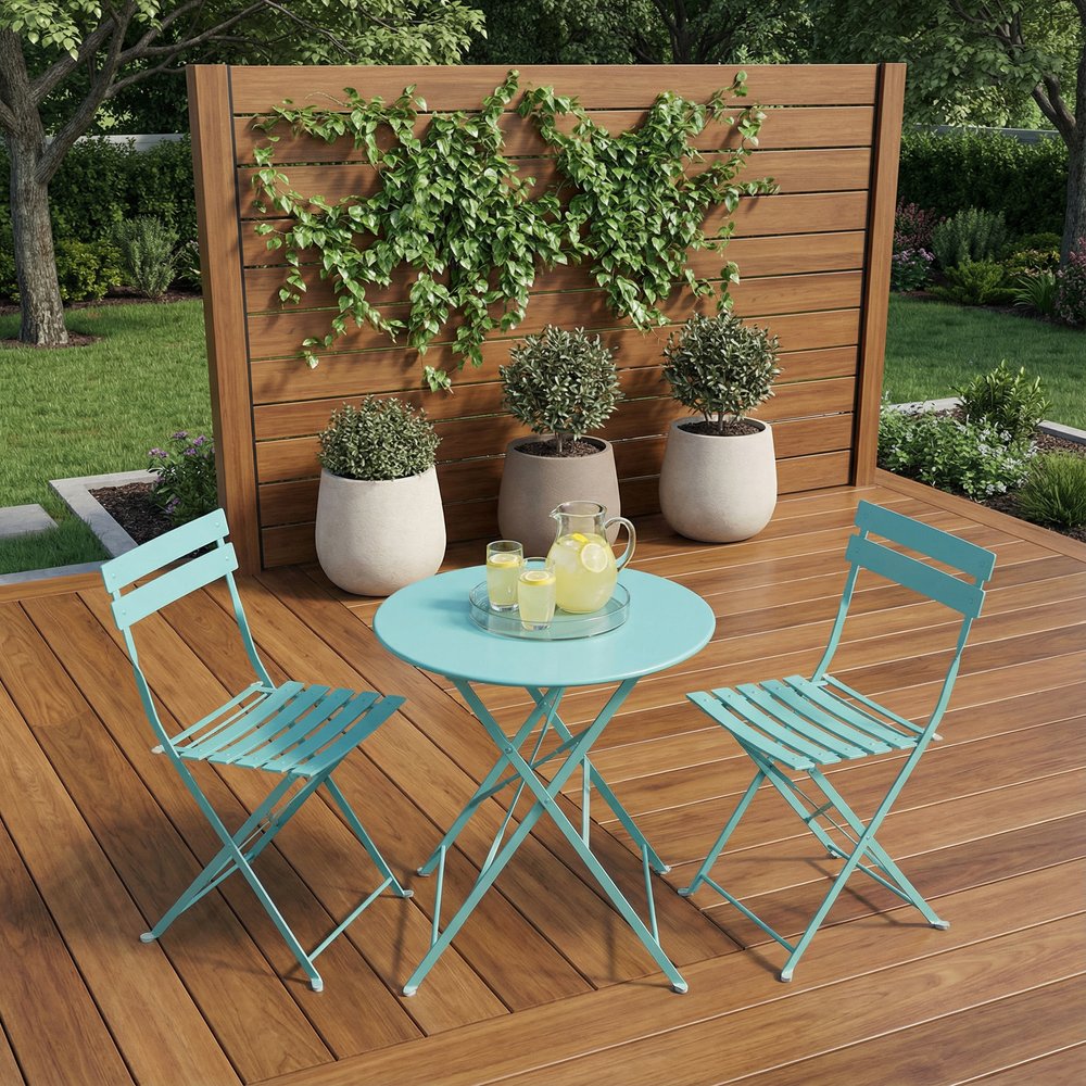 Three Piece Teal Blue Round Metal Dining Set with Two Chairs