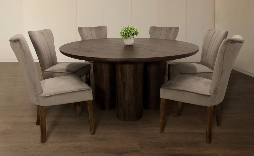 Seven Piece Dark Brown Round Solid Wood Dining Set with Six Chairs