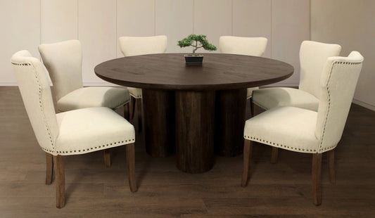 Seven Piece Dark Brown Round Solid Wood Dining Set with Six Chairs