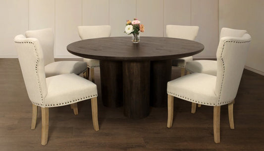 Seven Piece Dark Brown Round Solid Wood Dining Set with Six Chairs