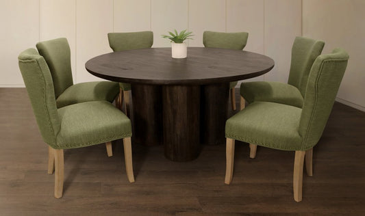 Seven Piece Dark Brown Round Solid Wood Dining Set with Six Chairs
