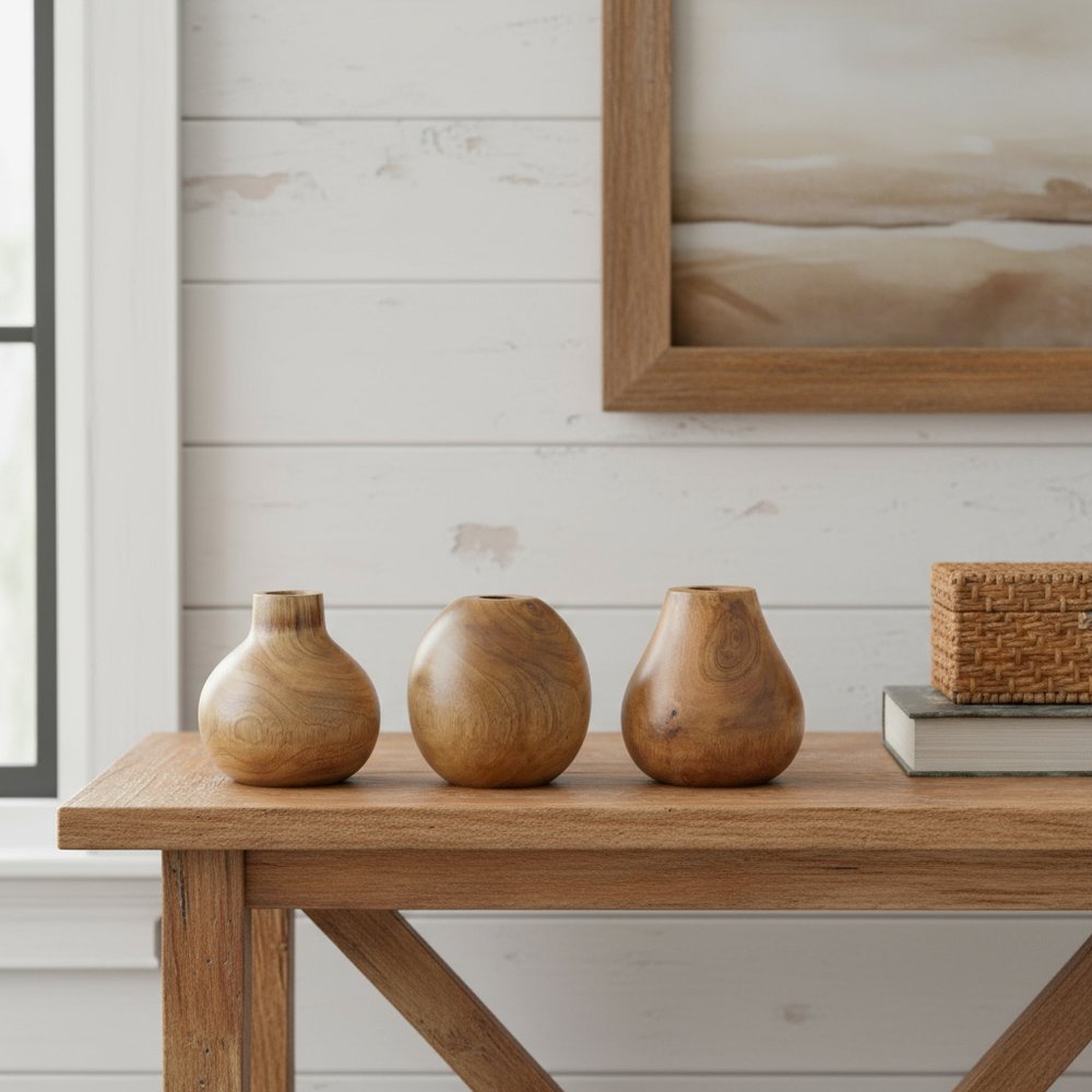 Set of Three Natural Wood Bud Table Vases