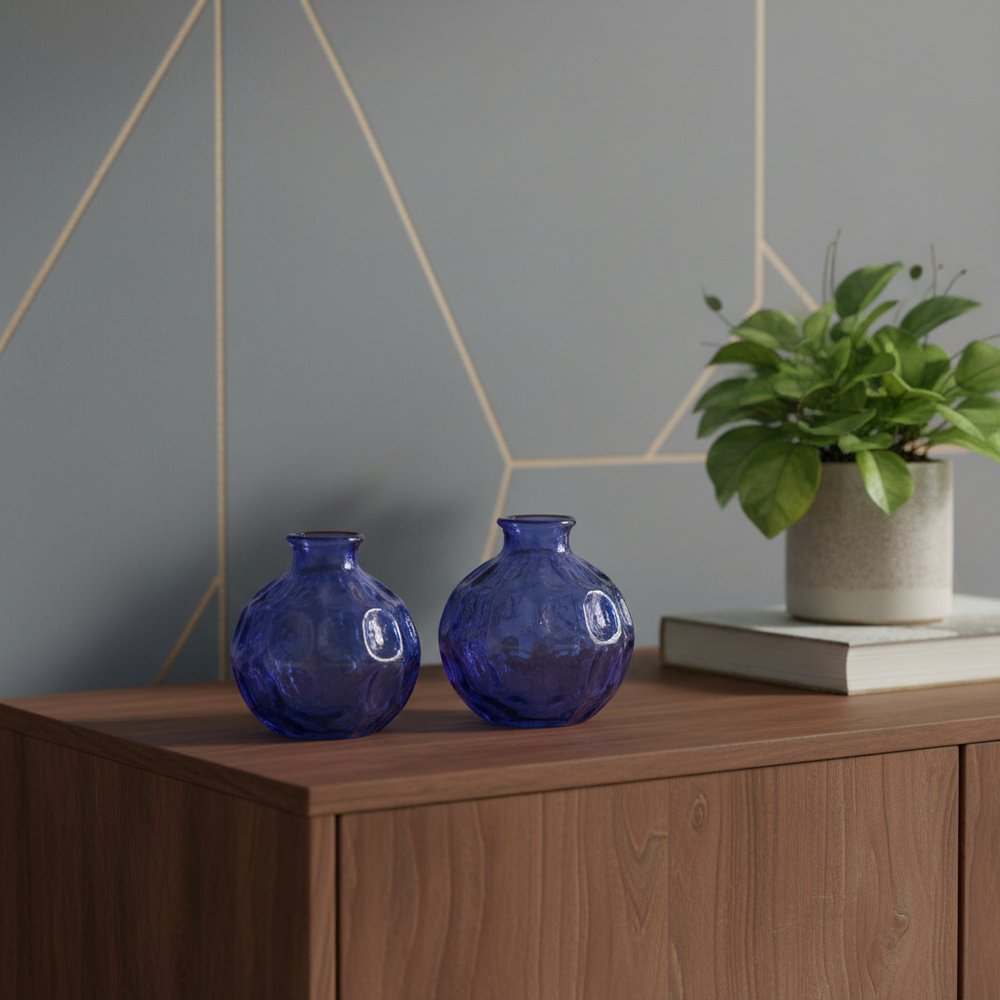 Set of Two Blue Glass Round Table Vases