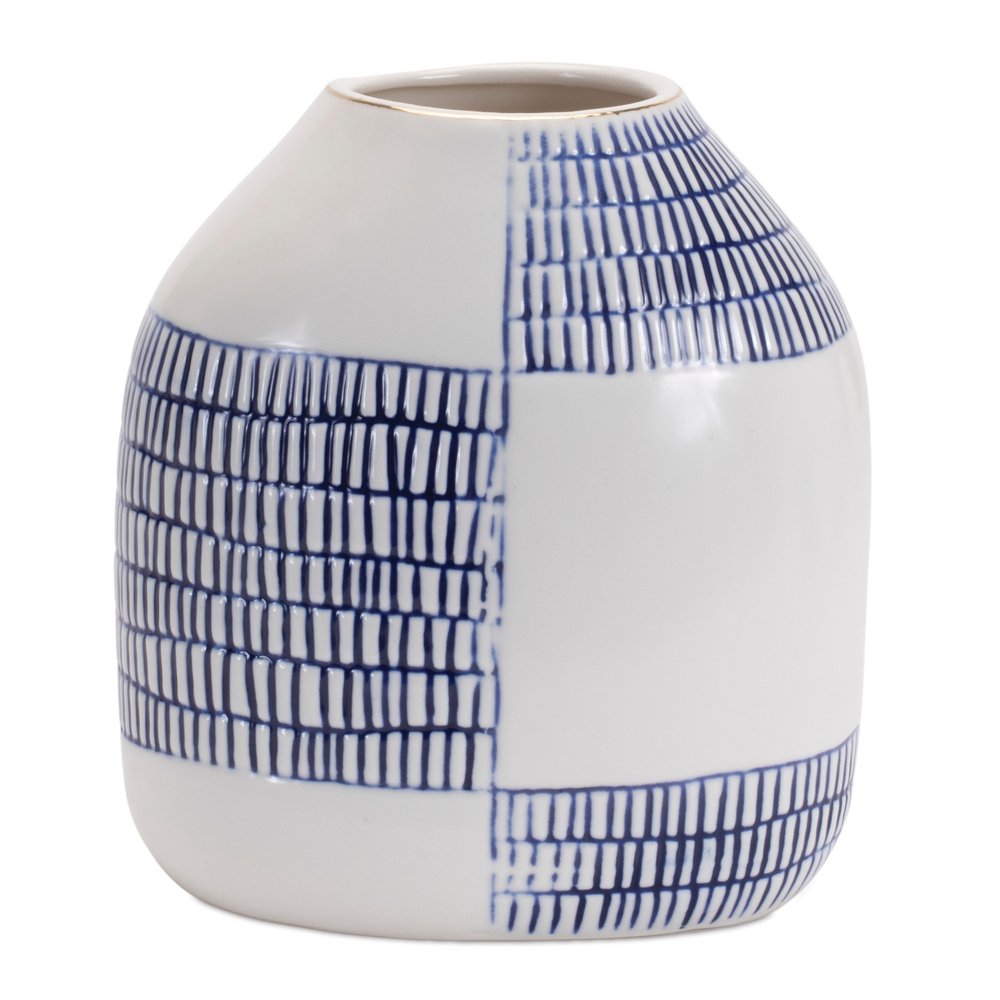 Set of Two Blue And White Checkered Ceramic Round Table Vases