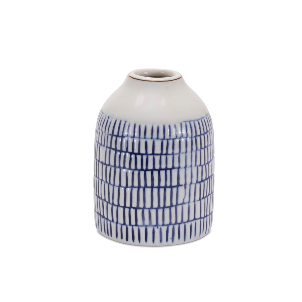 Set of Two Blue And White Checkered Ceramic Round Table Vases