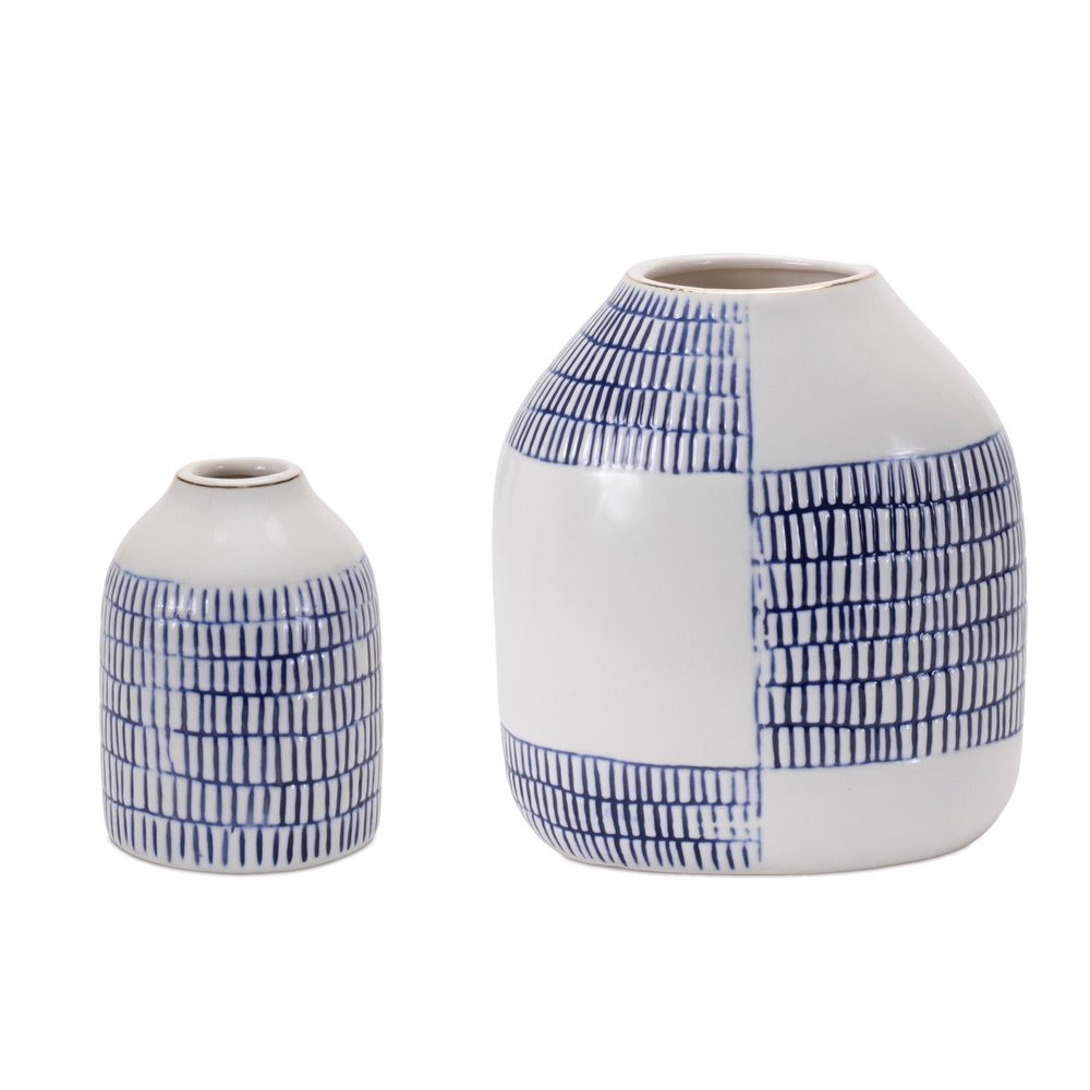 Set of Two Blue And White Checkered Ceramic Round Table Vases
