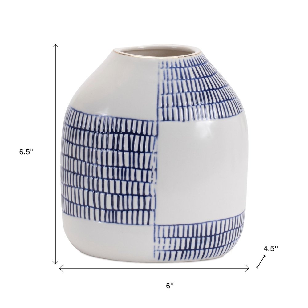 Set of Two Blue And White Checkered Ceramic Round Table Vases