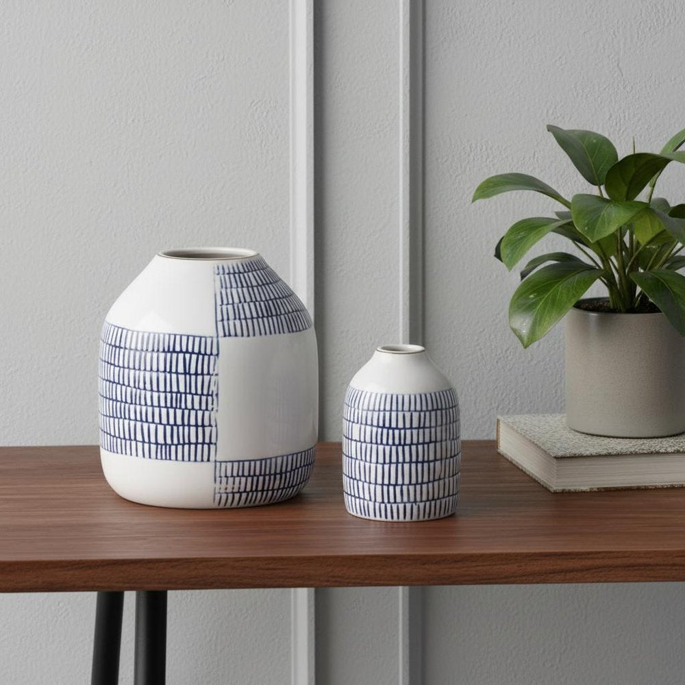 Set of Two Blue And White Checkered Ceramic Round Table Vases
