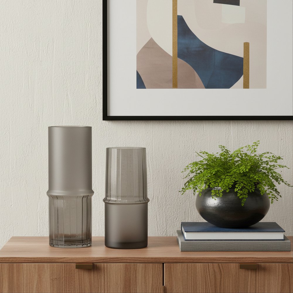 Set of Two Gray Glass Cylinder Table Vases