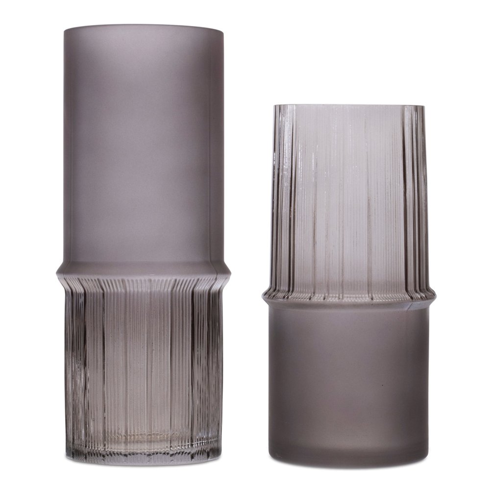 Set of Two Gray Glass Cylinder Table Vases