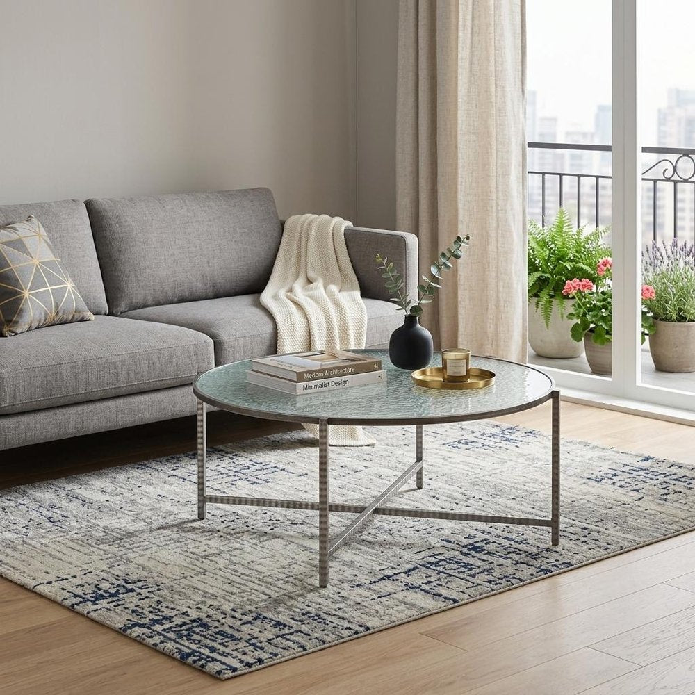 41" Silver Glass and Steel Round Coffee Table