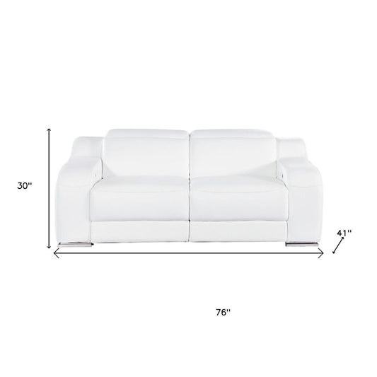 76" White and Silver Italian Leather Power Reclining Loveseat