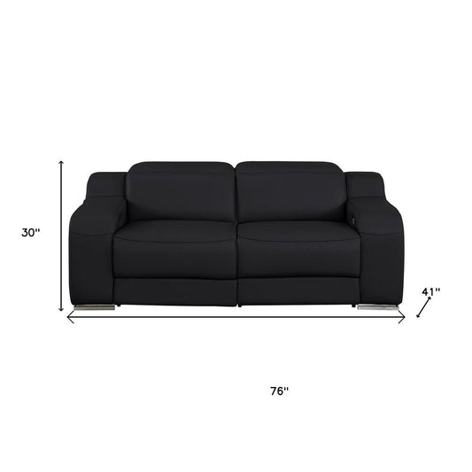 76" Black and Silver Italian Leather Power Reclining Loveseat