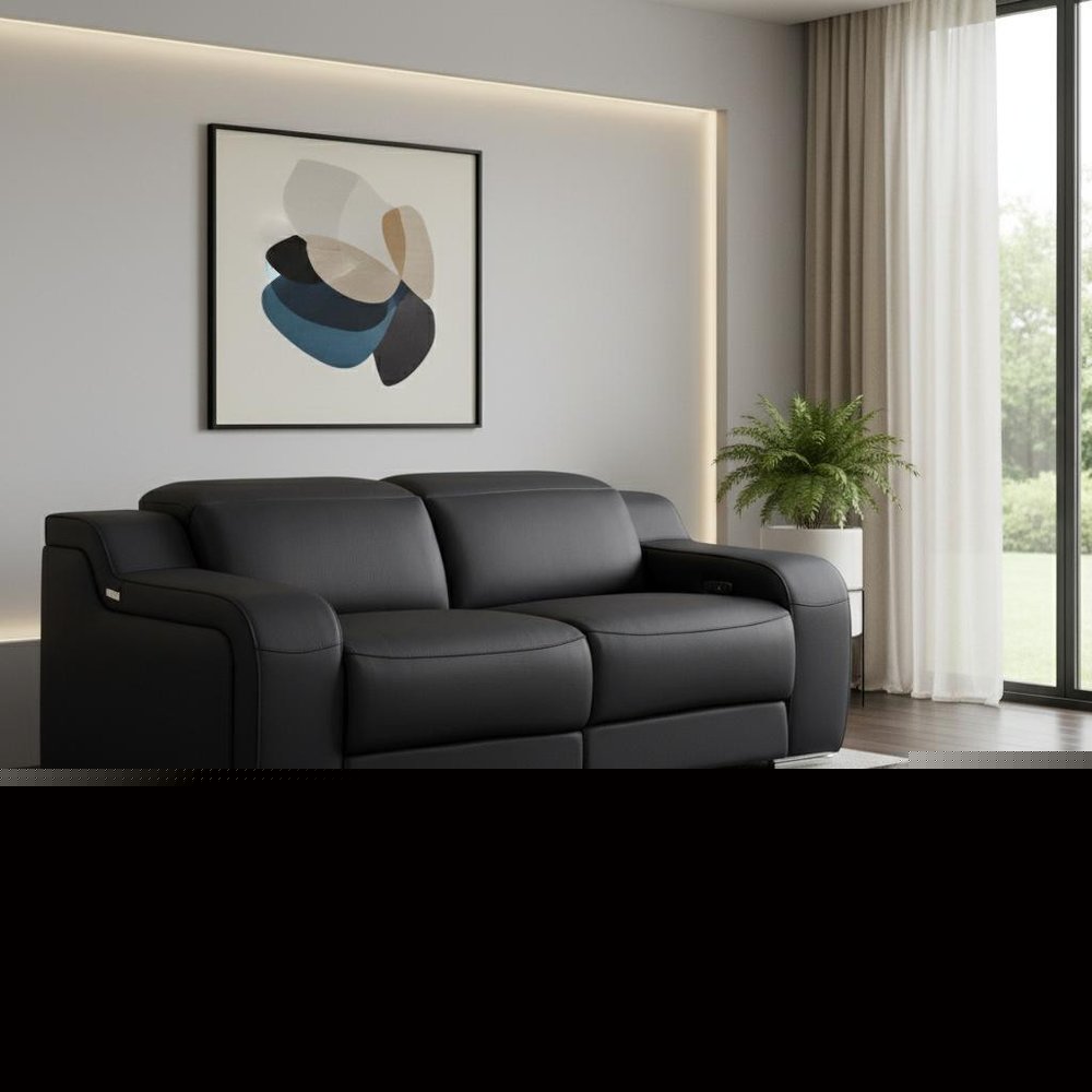 76" Black and Silver Italian Leather Power Reclining Loveseat