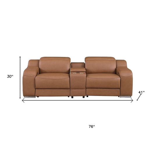76" Cognac and Silver Italian Leather Power Reclining Loveseat With Storage