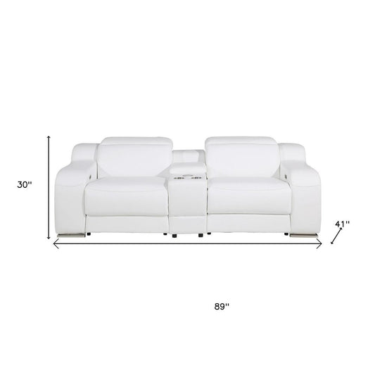 89" White and Silver Italian Leather Power Reclining Loveseat With Storage