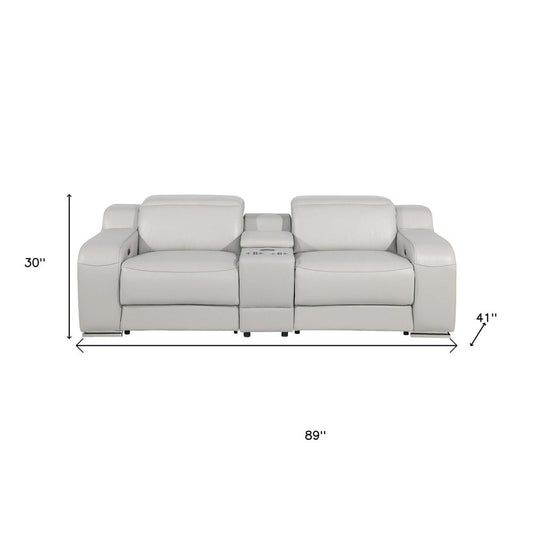 89" Light Gray and Silver Italian Leather Power Reclining Loveseat With Storage