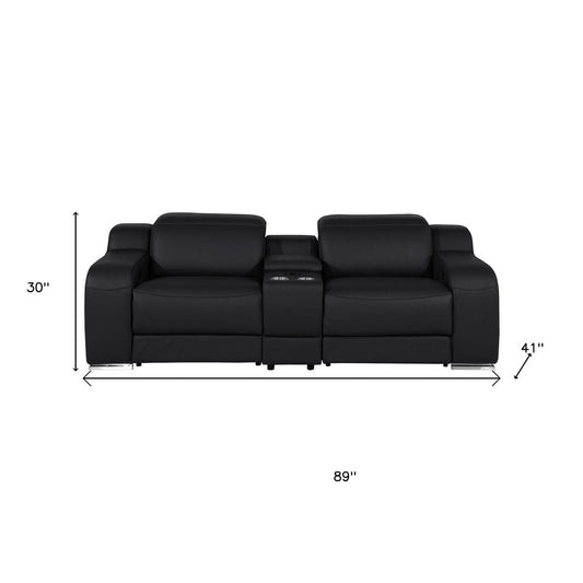 89" Black and Silver Italian Leather Power Reclining Loveseat With Storage