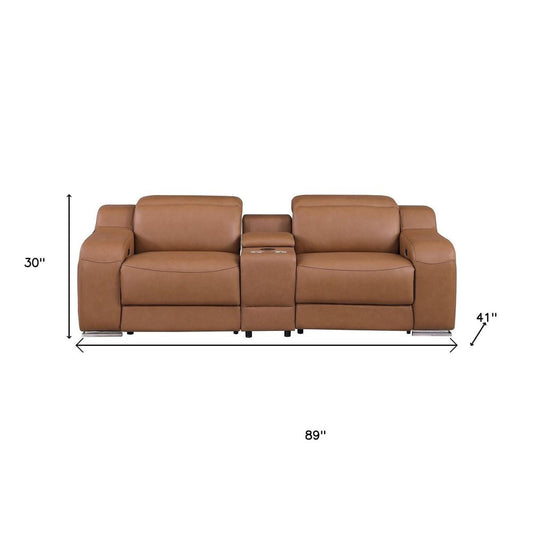 89" Cognac and Silver Italian Leather Power Reclining Loveseat With Storage