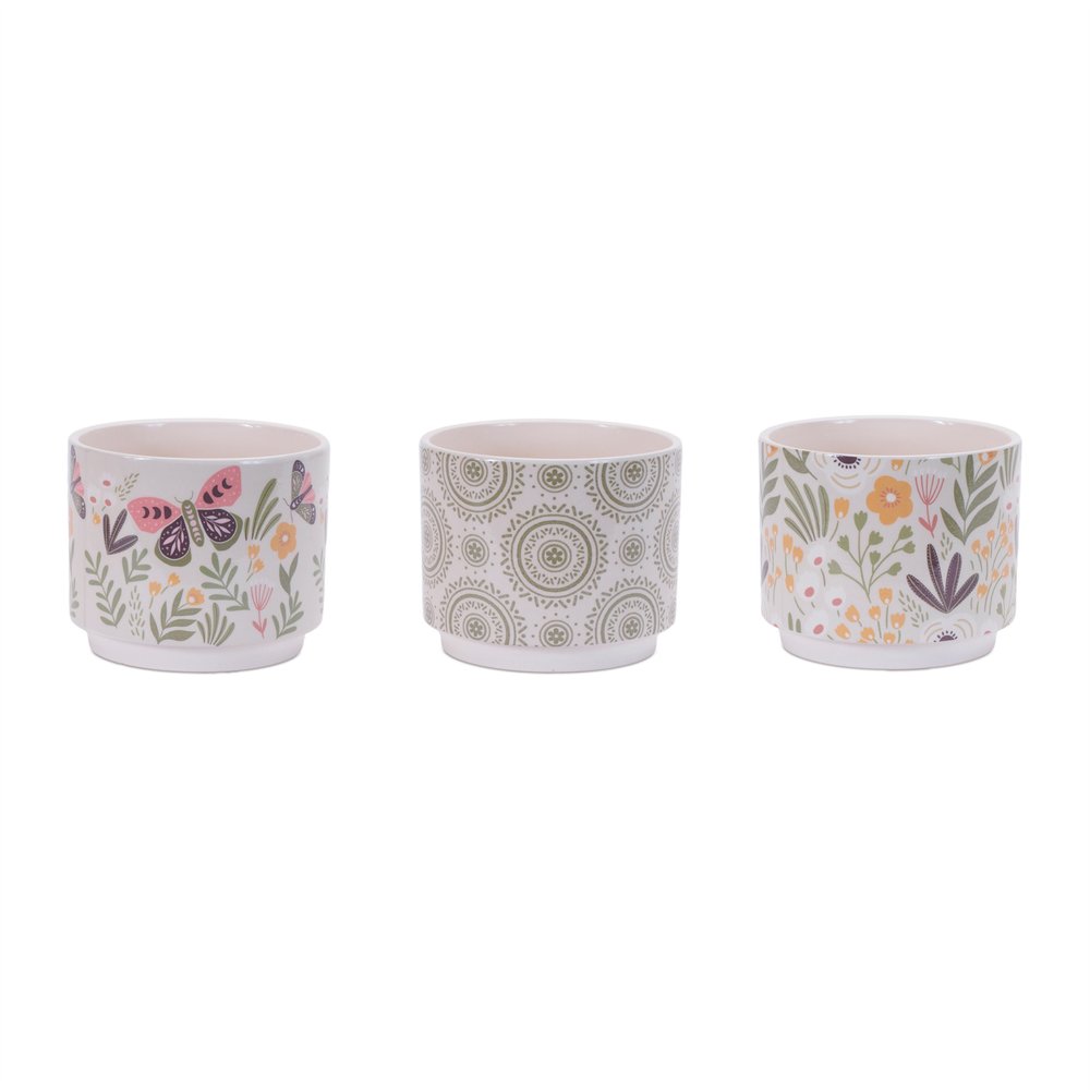 Set of Three Green Pink And White Ceramic 1 Ounce Leaf Round Pot Planters