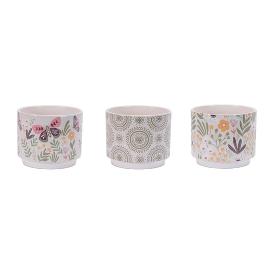 Set of Three Green Pink And White Ceramic 1 Ounce Leaf Round Pot Planters