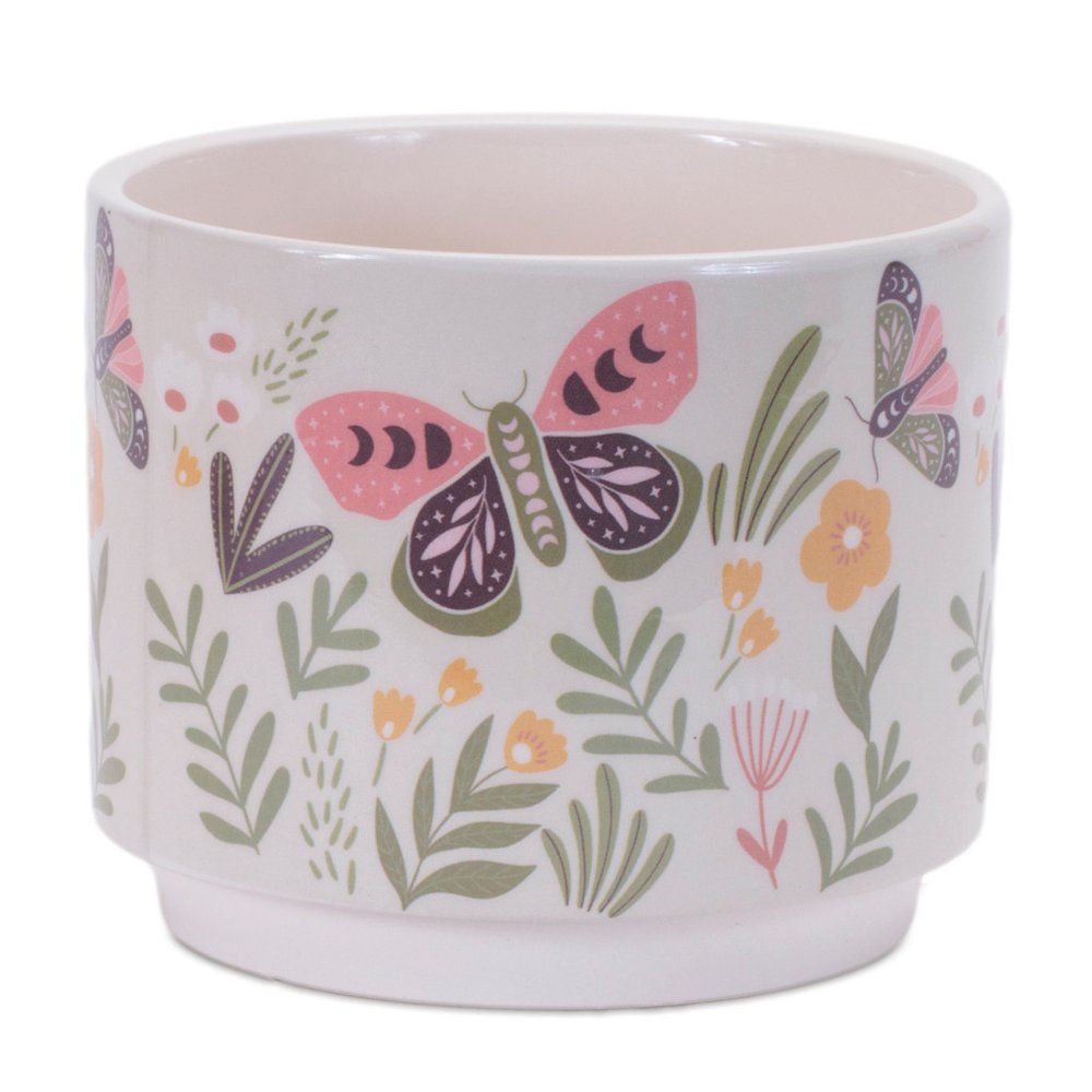 Set of Three Green Pink And White Ceramic 1 Ounce Leaf Round Pot Planters
