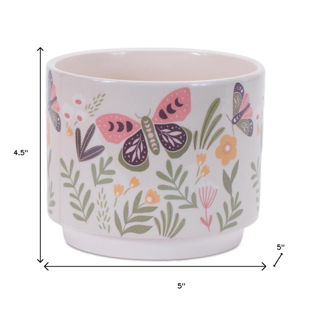 Set of Three Green Pink And White Ceramic 1 Ounce Leaf Round Pot Planters