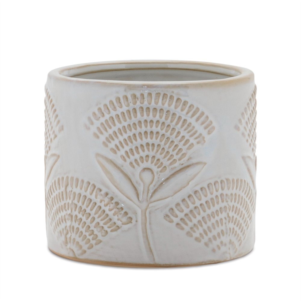 Set of Two White And Beige Porcelain 1 Ounce Leaf Round Pot Planters