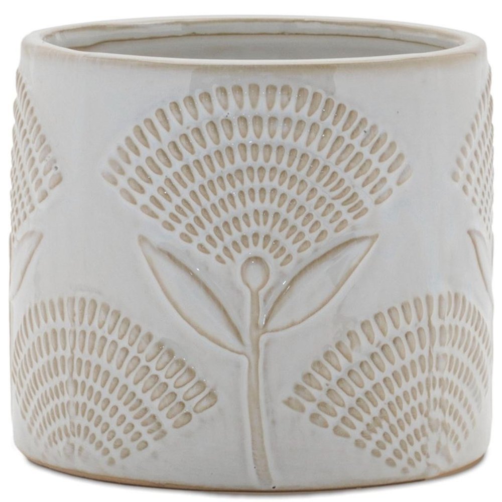 Set of Two White And Beige Porcelain 1 Ounce Leaf Round Pot Planters
