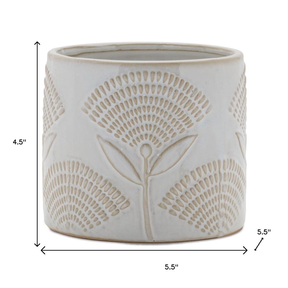 Set of Two White And Beige Porcelain 1 Ounce Leaf Round Pot Planters