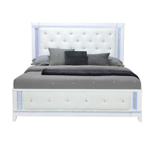 White Faux Crystal Bling Wood And Tufted Cotton Lighted King Bed Frame